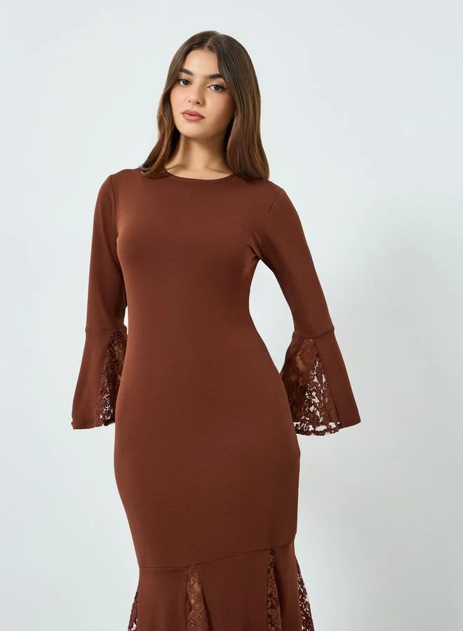 Styli Women Brown Lace Detail Mermaid Midi Dress